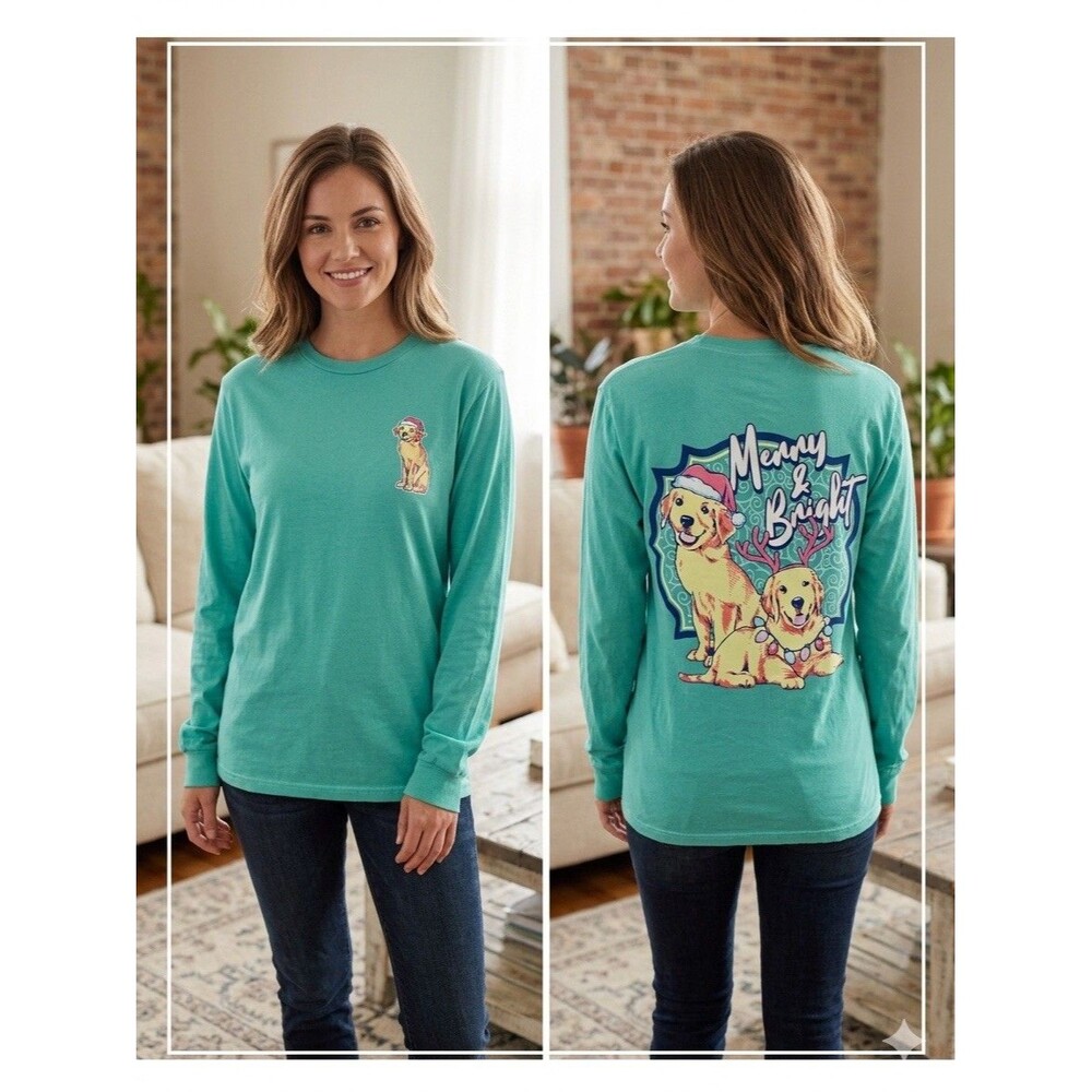 New* Benny & Belle Turquoise 100% Cotton Dog Graphic Christmas Long Sleeve Tee M